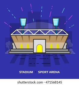 Flat illustration of stadium against blue background. Flat design of sport arena building, front view. Vector illustration