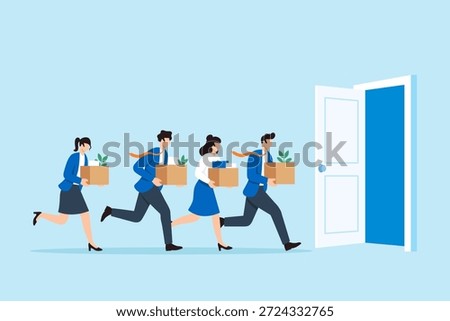 Flat illustration of staff carrying boxes rushing out through open door symbolizing mass resignation workforce turnover and employee exit from company
