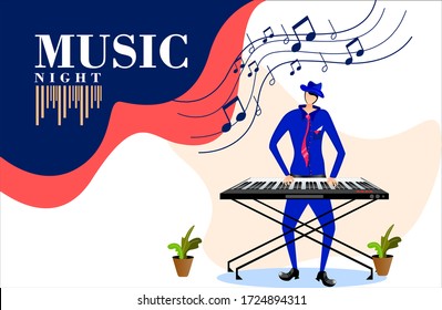 FLAT ILLUSTRATION STANDING MAN PLAYING ELECTRIC MUSIC INSTRUMENT KEYBOARD