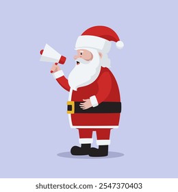 Flat illustration of standing Santa Claus while holding megaphone