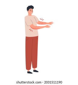 A flat illustration of a standing unhappy suffering person scratching the skin on his hand. Various skin problems, such as allergies, psoriasis, itching, atopic dermatitis, eczema, dryness, redness.