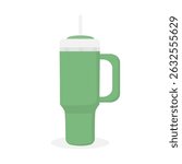 Flat Illustration of Stanley Tumbler Glass with Straw and Handle in Green Color