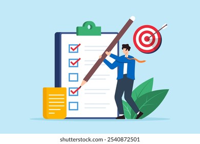 Flat illustration of startup founder mark goal or target use pencil on business checklist in clipboard with bullseye