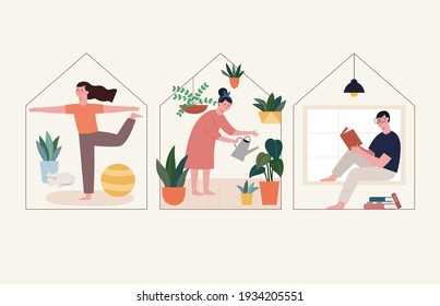 Flat illustration of staying home during quarantine. People doing different activities indoors, including exercising, watering plants and reading books.