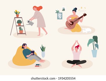 Flat illustration of staying home during quarantine. People doing different activities indoors, including watering plants, playing guitar, reading books, doing yoga.