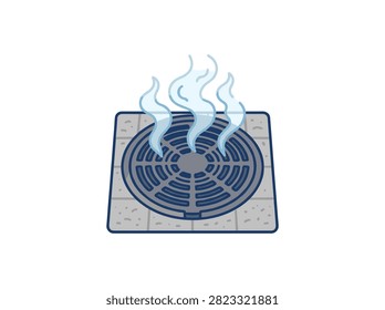 Flat Illustration of a Steaming City Manhole Cover with Vapor on a Sidewalk