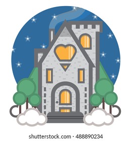 Flat illustration of stone cottage interior, front view. Home, starry night, pine trees, cloud, snow