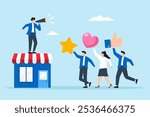 Flat illustration of store owner with megaphone speaks to loyal customers positive feedback brand engagement increase sale marketing strategy