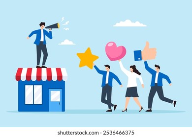 Flat illustration of store owner with megaphone speaks to loyal customers positive feedback brand engagement increase sale marketing strategy