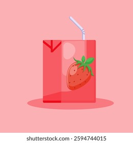 Flat illustration strawberry juice, summer fresh fruit