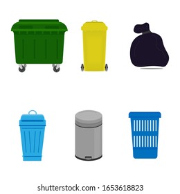 Flat illustration of street and indoor trash cans. Metal and plastic trash bins. Colorful trash bins and bag vector set. Trash can with pedal and swivel top