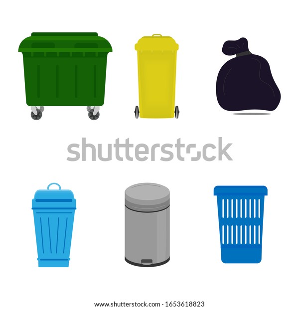 Flat illustration of street and\
indoor trash cans. Metal and plastic trash bins. Colorful trash\
bins and bag vector set. Trash can with pedal and swivel\
top
