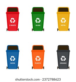 Flat illustration of street and in-house trash bins. Metal and plastic garbage containers. Colorful recycle trash buckets and bag vector set. Trash bin with pedal and swing top.