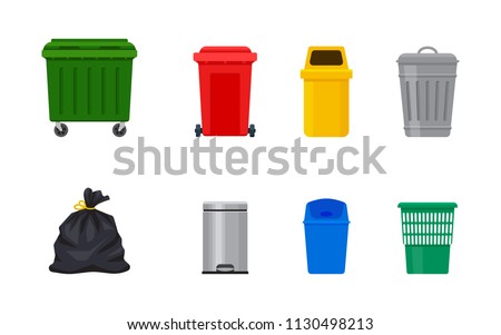 Flat illustration of street and in-house trash bins. Metal and plastic garbage containers. Colorful recycle trash buckets and bag vector set. Trash bin with pedal and swing top. Metal bucket with cap.