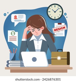 flat illustration of stressed and depressed employees at the company where they work and want to resign immediately