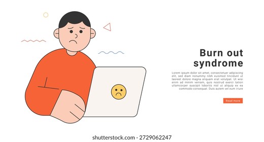 Ilustración plana de un hombre estresado trabajando en una computadora portátil, mostrando el síndrome de burnout, el estrés laboral y el problema de salud mental, la fatiga de la oficina, la ansiedad y el concepto de presión laboral.