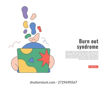Ilustração plana de homem estressado trabalhando em laptop, conceito de síndrome de burnout com formas abstratas, saúde mental e estresse de trabalho, estilo mínimo para negócios e design de bem-estar.