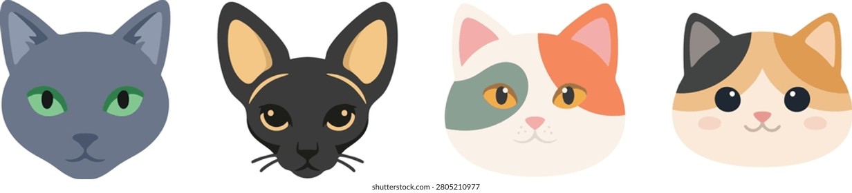 A flat illustration strip featuring four cute cat face portraits with different fur colors and markings, including gray, black, calico, and Siamese inspired cats. The image represents domestic pets, feline personalities, and playful animal character graphics.