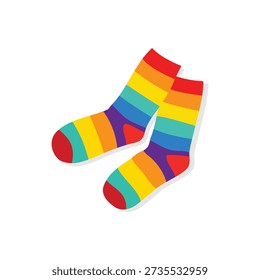Flat illustration of striped socks in a full rainbow palette
