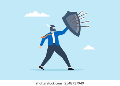 Flat illustration of strong businessman with armor and shield defend against incoming bow arrow protection from threat