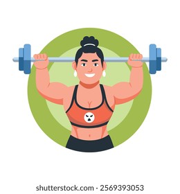 A flat illustration of a strong woman doing exercise with dumbbells 