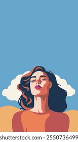 Ilustración plana mujer fuerte mirando al cielo. Feliz día de la mujer. Concepto de igualdad de protección y libertad de las mujeres, empoderamiento de las mujeres. Postal de Vector en estilo plano