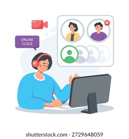 Flat illustration of student attending online lecture with headphones