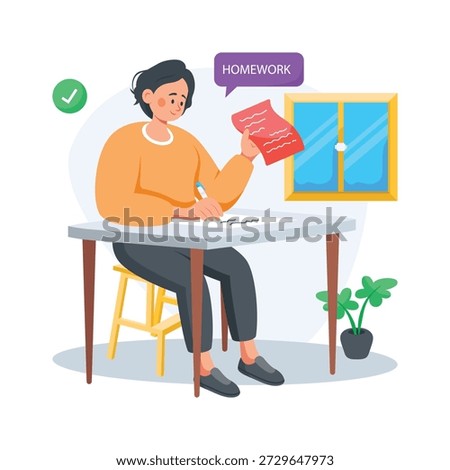 Flat illustration of a student completing homework at study desk