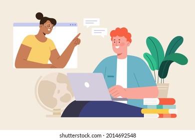 Ilustración plana de un estudiante con una clase en línea en su laptop en casa. e-learning o concepto de estudio avanzado de adultos.