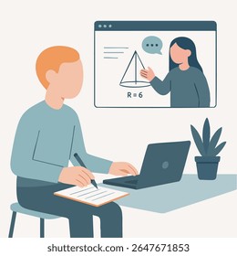 Flat Illustration Student Learning Online with Laptop and Virtual Tutor