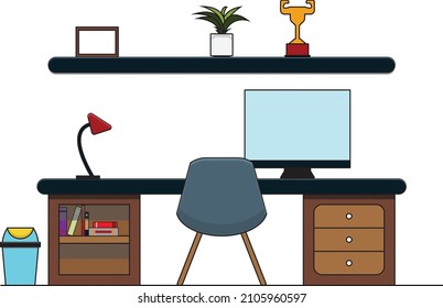 Flat illustration of student room with furniture, trophy, plant, computer, table lamp, dustbin, books, and portrait frame.