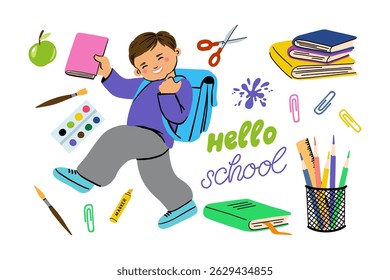 Flat illustration of student with school supplies