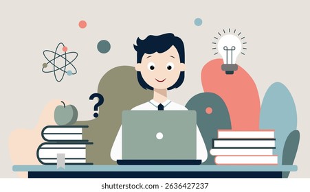 Flat illustration of a student sitting at a desk with a laptop and books. Simple educational symbols. Soft muted colors.