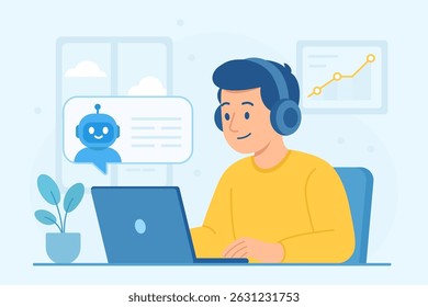 Flat illustration of a student using a laptop with headphones, interacting with an AI chatbot. Concept of online education, virtual assistant, e-learning, and modern digital technology.