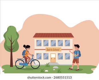 Ilustración plana de estudiantes que van a la escuela con mochila y bicicleta, perfecto para temas de educación y aprendizaje.