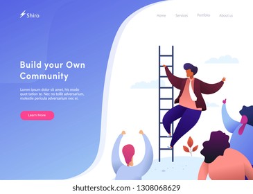 Flat illustration style, About building a community with image a man climb a stair and people that cheer for him
