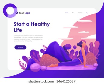 flat illustration style for female yoga relaxing for web design landing page hero image with flora background