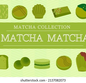 Flat illustration style French matcha dessert material set