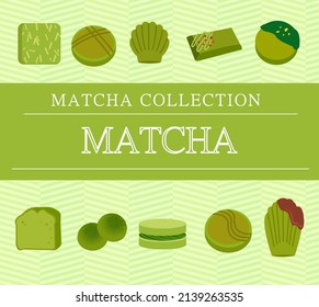Flat illustration style French matcha dessert material set