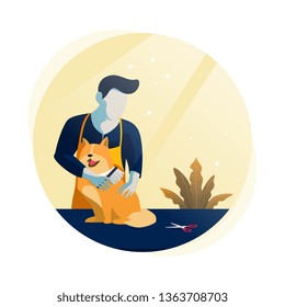 Flat illustration style. a man standing in front of a desk take care of a dog, drying hair, in a pet shop or pet salon 
a concept for hero image landing page