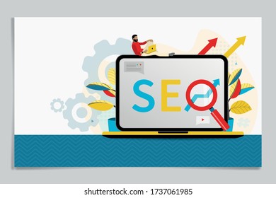 Estilo de ilustración plano. un hombre que trabaja usando el sitio web de finanzas de análisis de laptops SEO. 