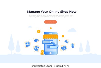 flat illustration style of an online shop mobile app of smartphone selling goods services, coupon, voucher, landing page hero image of web design
