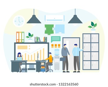 Flat illustration style. a team make a discussion in the room working using laptop analyzing website SEO with coffee book concept for website or mobile phone ui