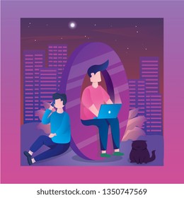 Flat illustration style. a team make a discussion in the room working using laptop analyzing website SEO with coffee book concept for website or mobile phone ui