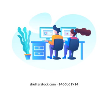 Flat illustration style. a team make a discussion in the room working using laptop analyzing website SEO with concept for website or mobile phone ui