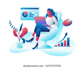 Flat illustration style. a team make a discussion in the room working using laptop analyzing website SEO with concept for website or mobile phone ui