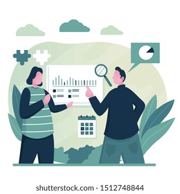 Flat illustration style. a team make a discussion in the room working using hologram screen analyzing data website SEO with concept for website or mobile phone ui