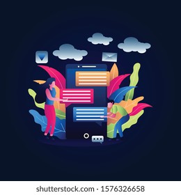 Flat illustration style. a team make a discussion in the room working using phone analyzing website SEO with concept for website or mobile phone ui