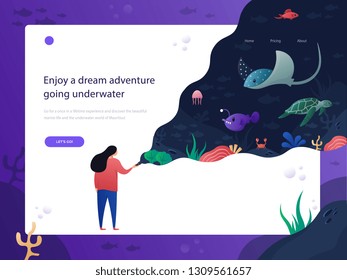 Flat illustration style, of a women using a flashlight, underwater scenery, fish tortoise about discover marine life for web design hero image landing page