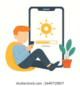 Flat Illustration Style Young Man Using Mobile Phone Sunlight Application Interface